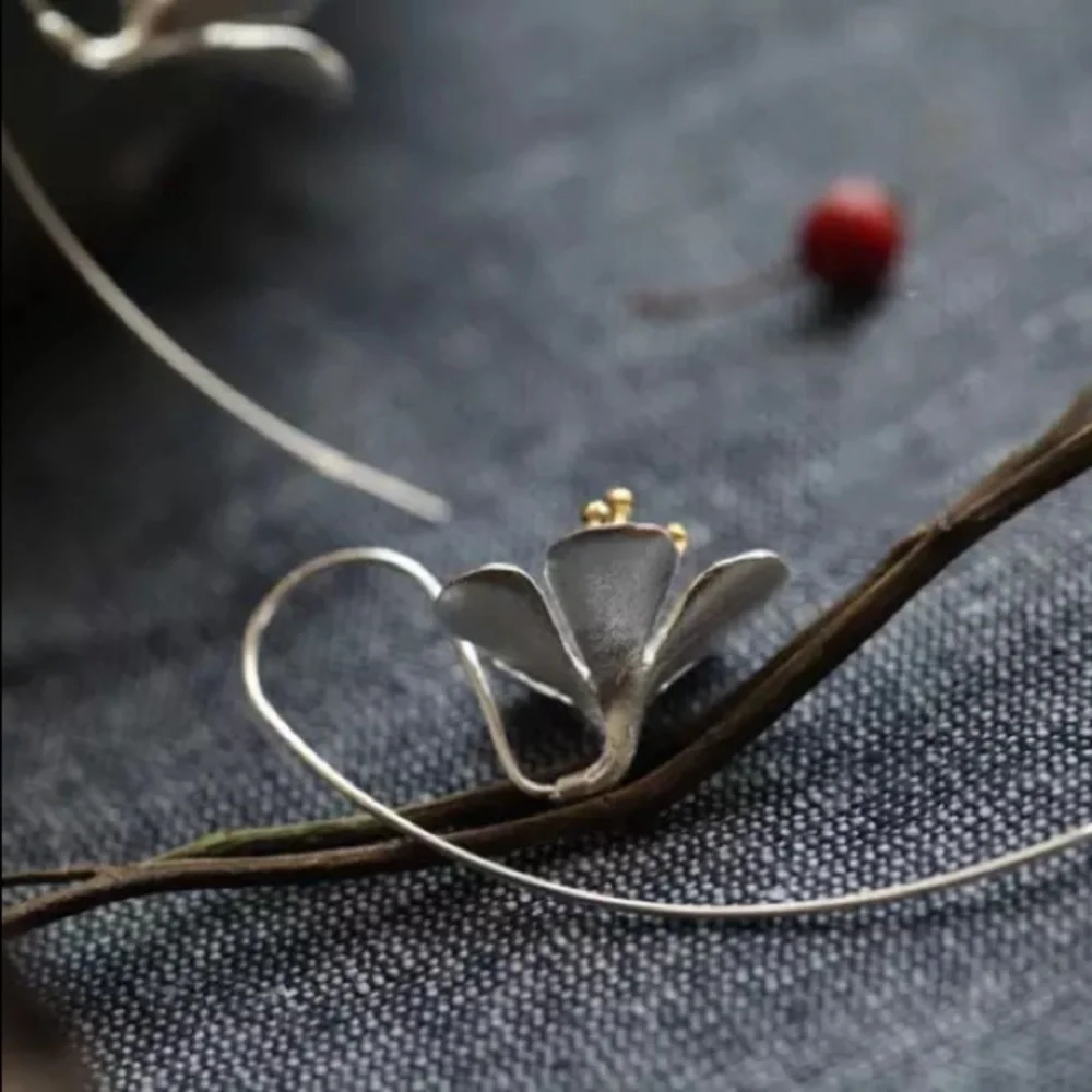 Japanese Cherry Blossom Floral Silver Loop Earring